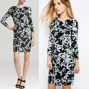 Whistles Silk Blend Bodycon Dress Botanical Floral Print Light / Navy Blue 8